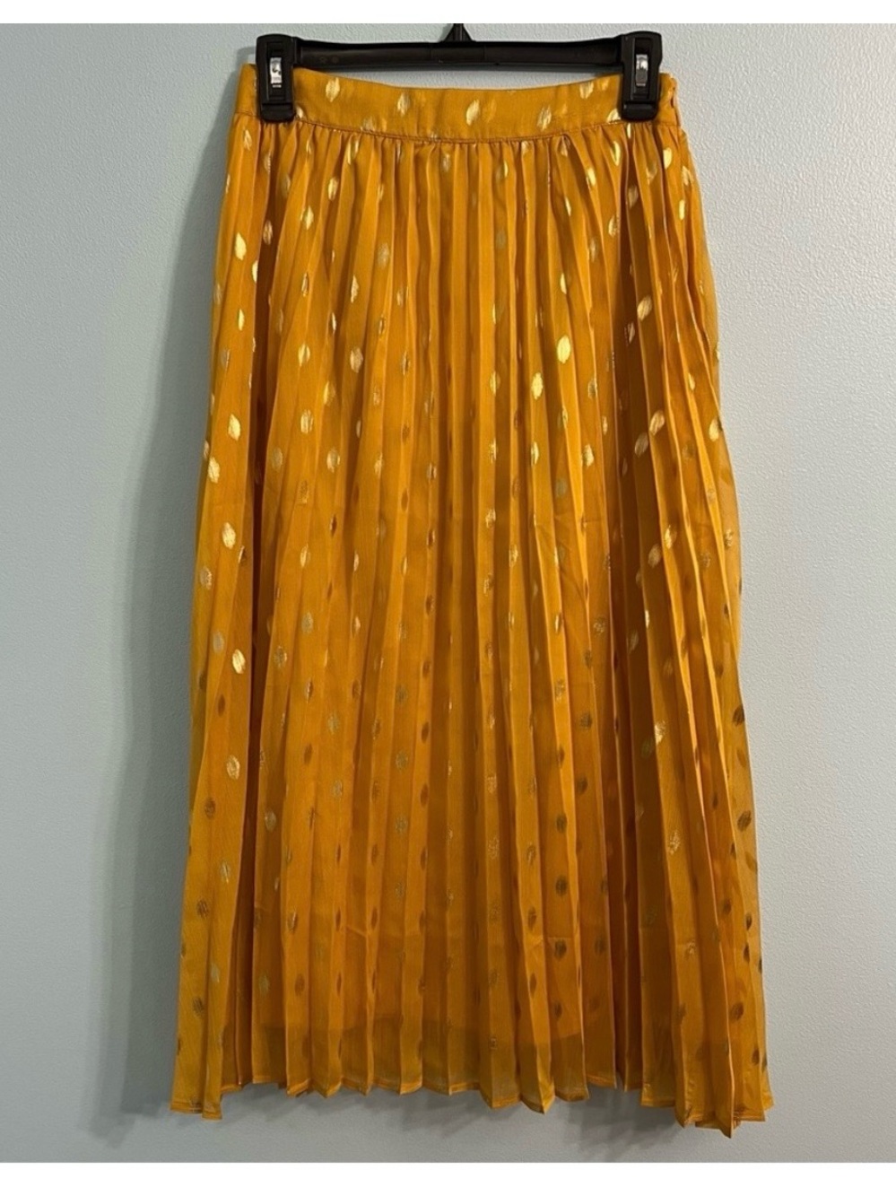 Endless Rose Sunflower Yellow Pleated Midi Skirt with Gold Dots